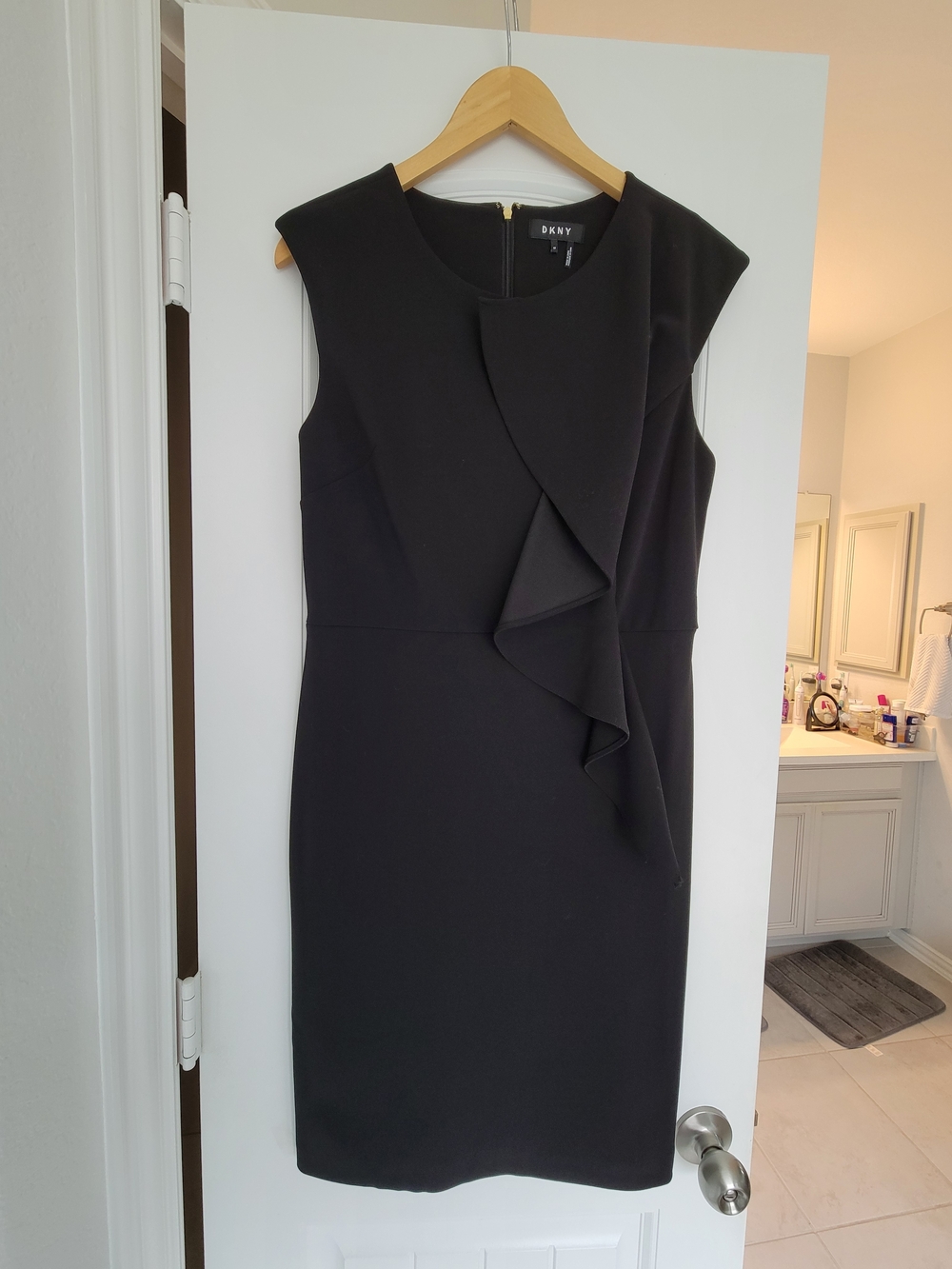 DKNY Black Ruffle-Accent Midi Sheath Dress